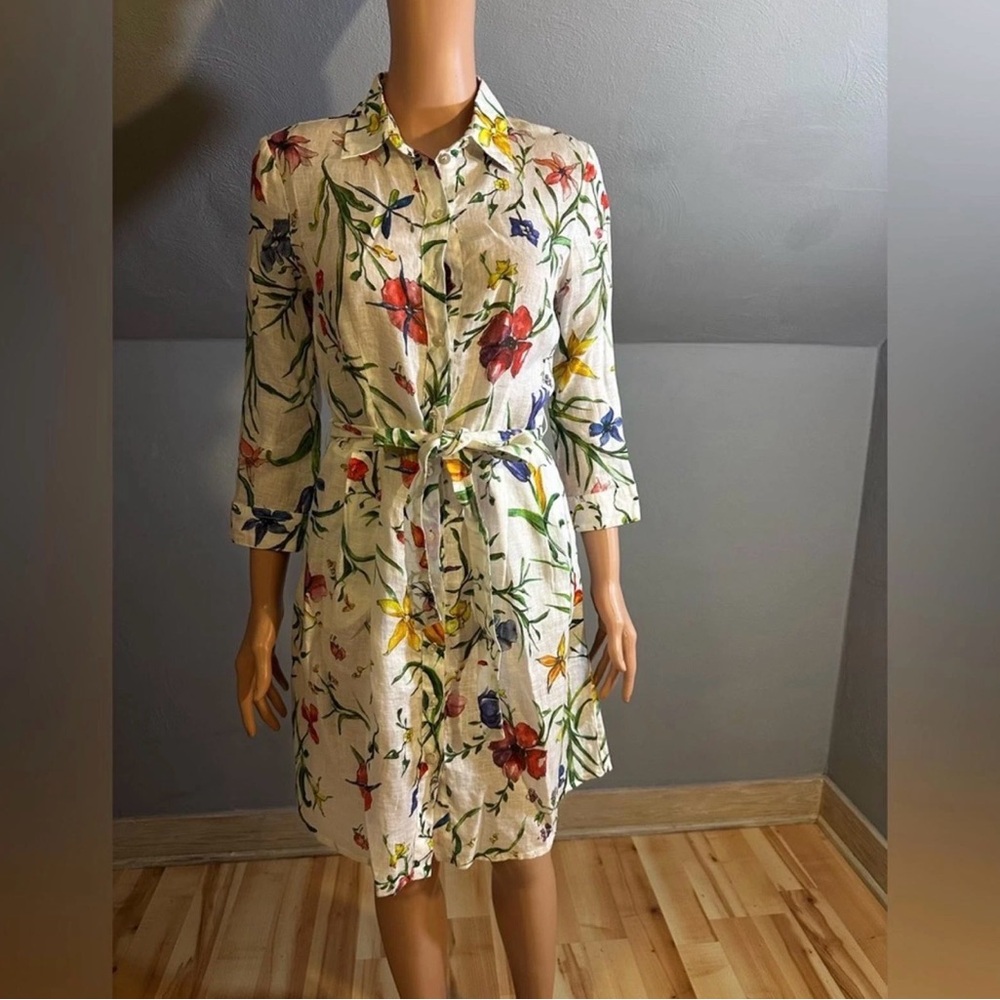 120% Lino Wildflower Linen Shirt Dress Belted Botanical Print XXS NWT - Picture 6 of 9